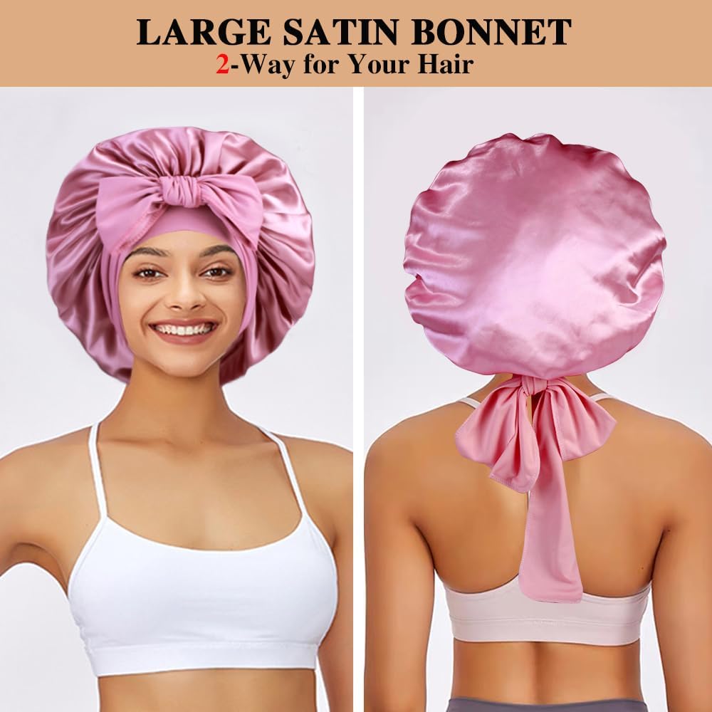 2+3 Large Satin Bonnets with Scrunchies for Women, Hair Bonnet Sleeping Tie Bonnet for Braids Curly Hair