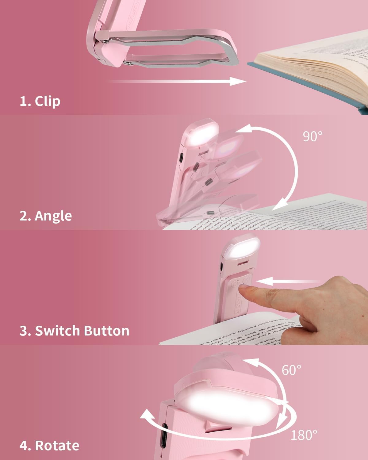 HEMONNKAM Book Reading Light, Rechargeable Clip on Booklight, Eye Caring 3 Color Temperatures & 5 Brightness Levels, Night Use for Bed, Long Lasting, Reading at Night in Bed, Purple