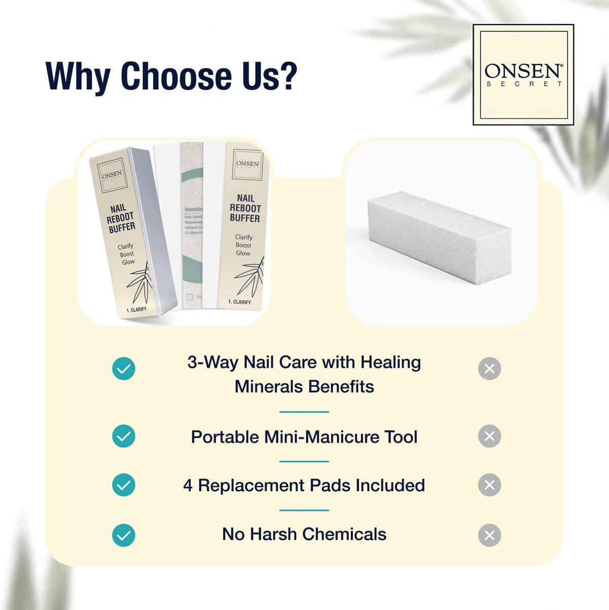 Onsen Secret Professional Nail Buffer Block | 4-Way Buffing for Natural Shine & Healthy Natural Nails - Includes 2 Extra Shine Pads, Salon-Quality, Post-Gel & Acrylic Recovery | 1 Pack