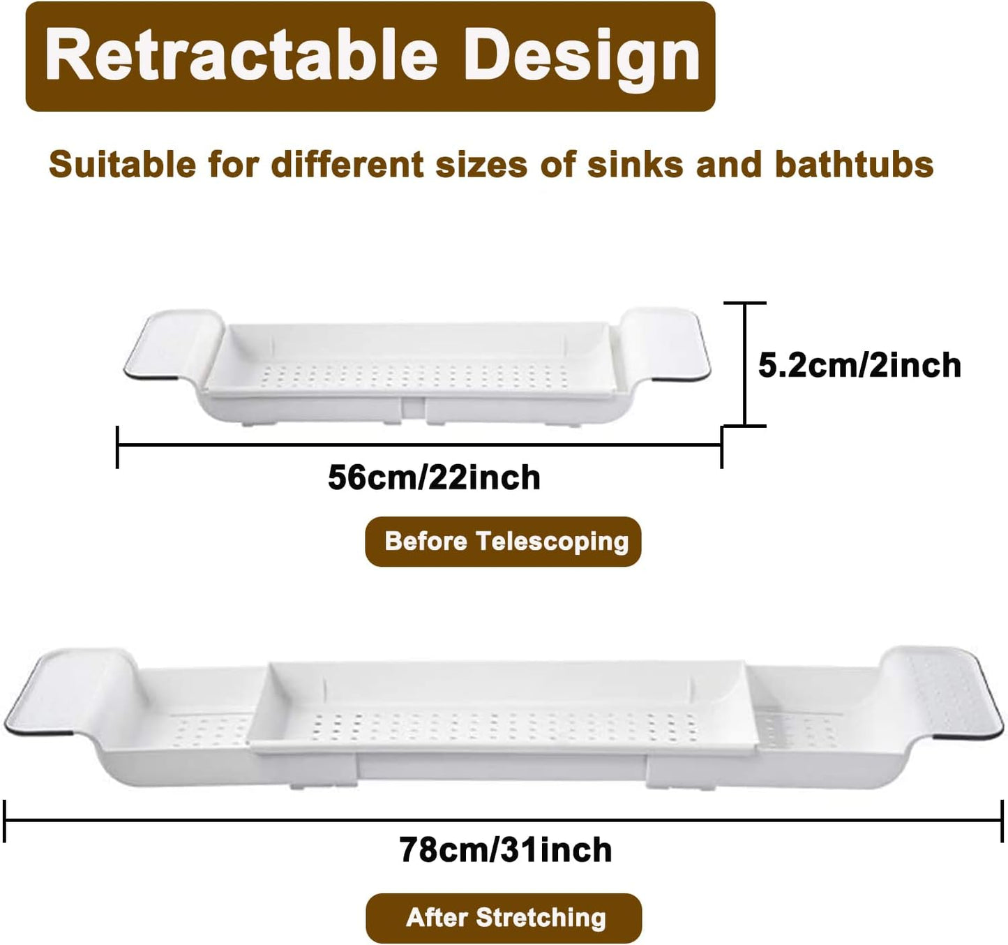 Expandable Drain Bath Shelf Caddy Tray, Multifunctional Plastic Bathtub Tray Bathroom Organizer Simple Stylish Bathtub Storage Rack for Candle Towel, Book, Wine, Phone, Shower