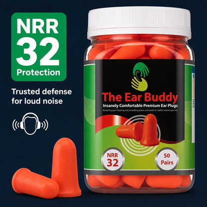The Ear Buddy Premium Soft Foam Ear Plugs for Sleeping Noise Cancelling, Hearing Protection Earplugs for Shooting Range, Concerts, Work & Travel, Noise Reduction Rating 32 Decibels, 50 Pairs
