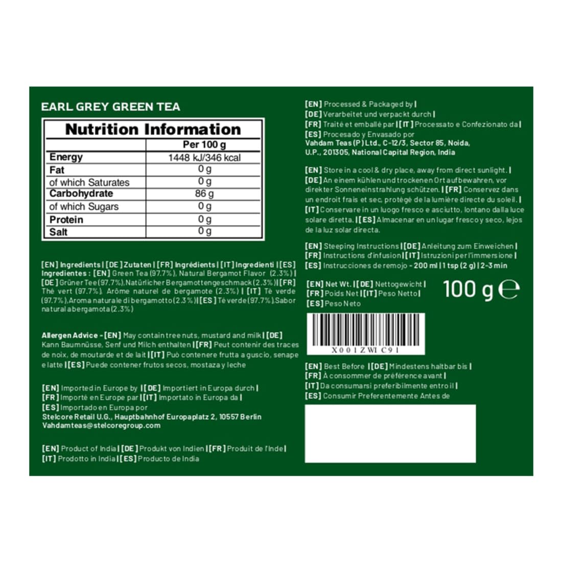 VAHDAM Earl Grey Citrus Green Tea Loose Leaf (3.5oz|50+ Cups) Bergamot Oil