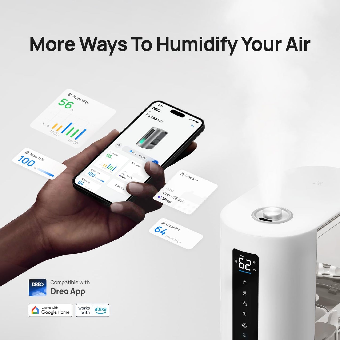DREO 6L Smart Warm & Cool Mist Humidifiers for Bedroom HM713S | 60-Hour Quiet Runtime for Large Room, 500ML/HR Output, Smart Humidity Sensor, Indicator Light, Works with Alexa & Google