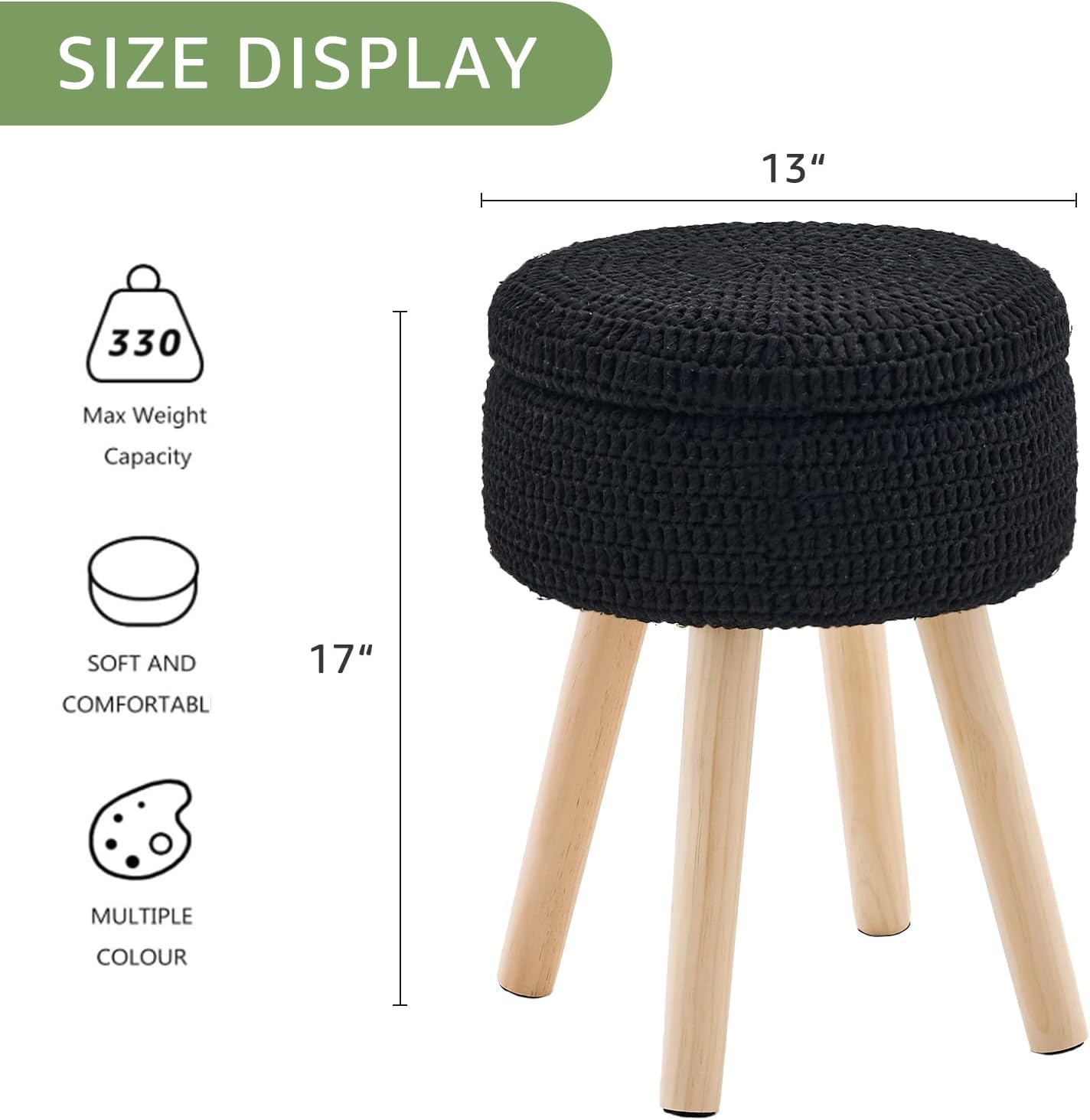 Wimarsbon Pouf Ottoman, 100% Cotton Knitted Boho Footstool, Round Footrest with Non-Skid Wood Legs, Home Décor Handmade Pouffe, Leisure Floor Step Stool for Living Room (Beige)