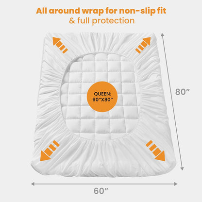 MATBEBY Queen Size Mattress Pad - Cooling Breathable Mattress Topper, Quilted Fitted Mattress Protector, Pillow Top Mattress Cover with 8-21" Deep Pocket, Soft, Machine Washable, White, 60x80 Inches