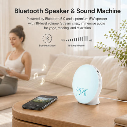 JALL Sleep Sound Machine Sunrise Alarm Clock with 25 White Noise Nature Sounds, Wake Up Light for Bedrooms, Bluetooth Speaker, 8-Hour Sleep Timer, 17 Color Dimmable Lights