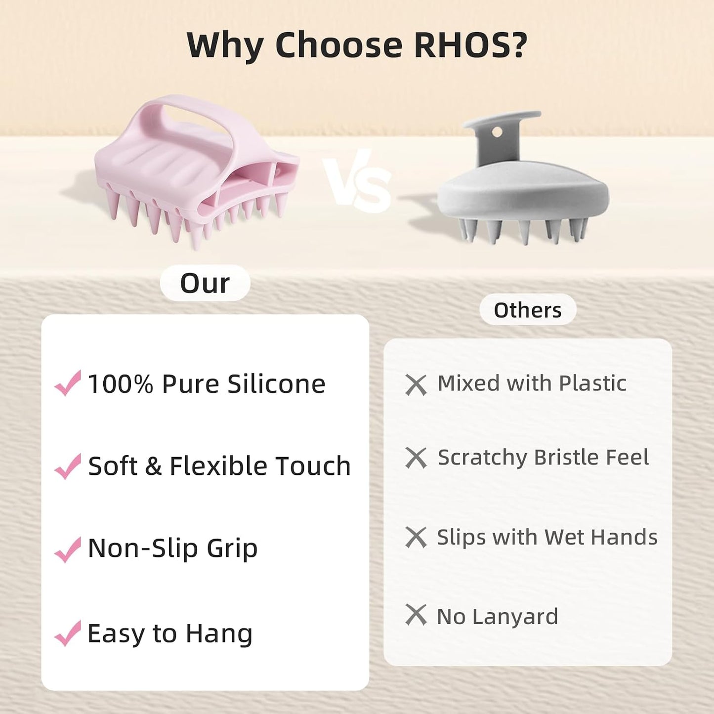 RHOS Shampoo Brush, Soft Silicone Scalp Scrubber | Scalp Massager for Wet & Dry Hair, Curved Vented Hair Scrubber for Dandruff Removal (Pink)