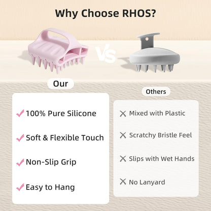 RHOS Shampoo Brush, Soft Silicone Scalp Scrubber | Scalp Massager for Wet & Dry Hair, Curved Vented Hair Scrubber for Dandruff Removal (Pink)