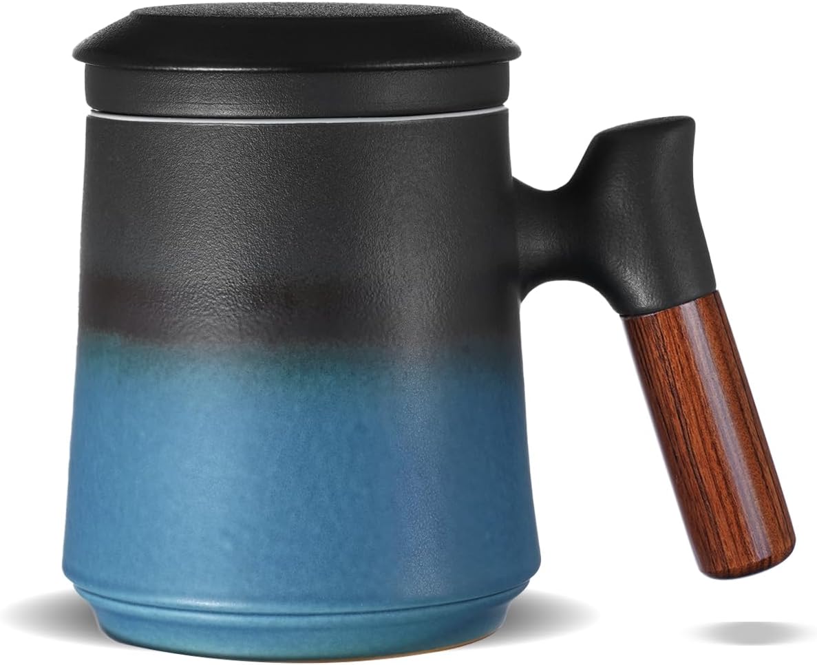 ZENS Embossed Ceramic Tea Mug with Infuser and Lid, 14.5 oz Wooden Handle, Loose Leaf Tea Steeper Cup & Strainer for Tea Lovers Gifts