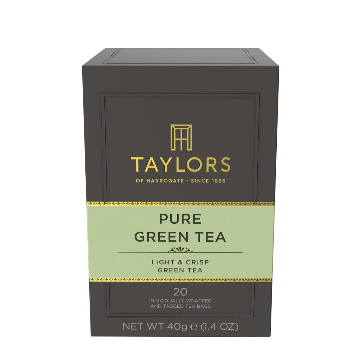 Taylors of Harrogate Pure Green Tea, Individually Wrapped Bags, 20 Count (Pack of 1), Delicate, Mellow and Crisp, Caffeinated, Enjoy Hot or Iced, 20 Teabags