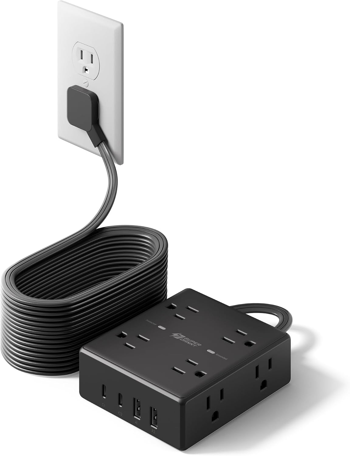 SUPERDANNY Extension Cord,Flat Plug Surge Protector Power Strip,10Ft
