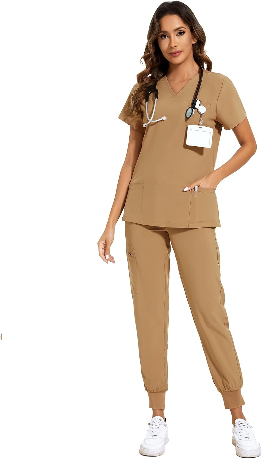 COZYFIT Scrubs for Women Set - Stretch V-Neck Scrub Top & Jogger Pant with 8 Pockets COZY SCRUBS - Colors C