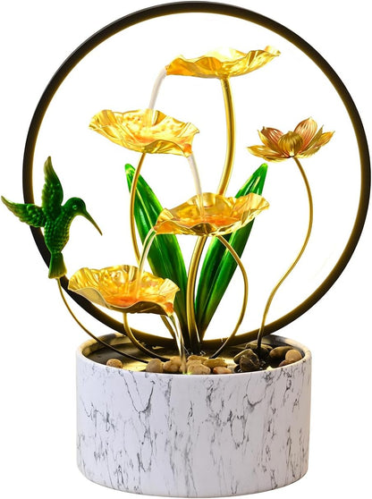 15" H Indoor Modern Tabletop Water Fountain LED Light, Yoga Meditation Room Father Day Decor Lotus Flower Floor-Standing Fountain