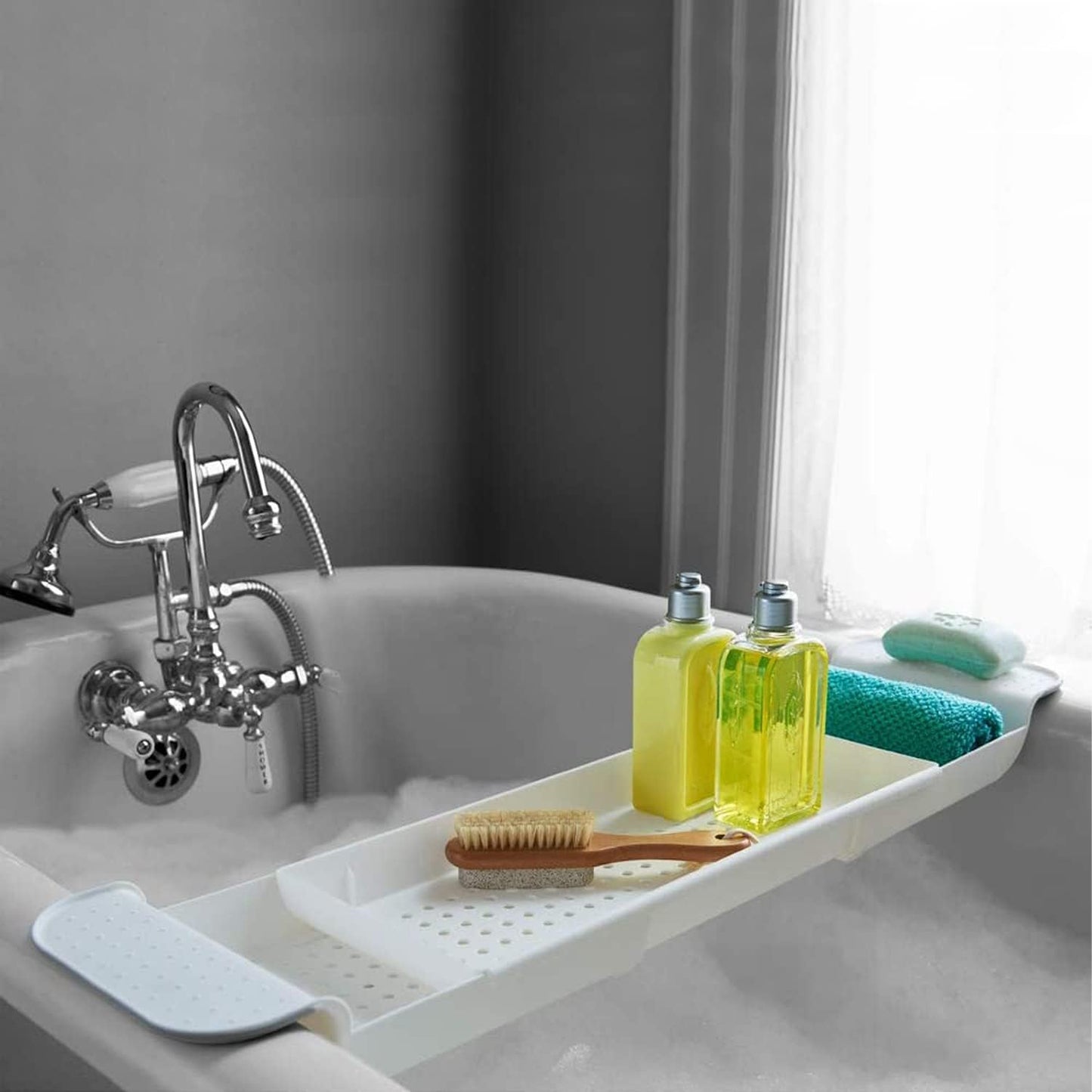 Expandable Drain Bath Shelf Caddy Tray, Multifunctional Plastic Bathtub Tray Bathroom Organizer Simple Stylish Bathtub Storage Rack for Candle Towel, Book, Wine, Phone, Shower
