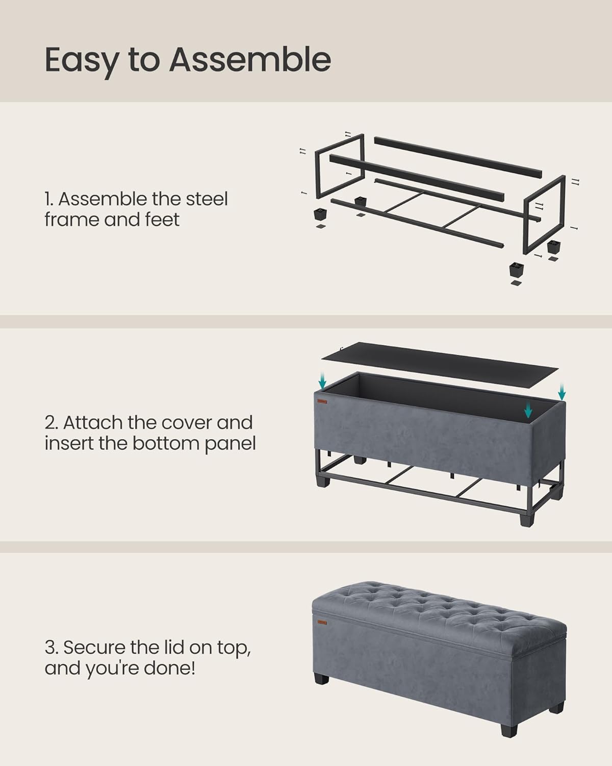 SONGMICS Storage Ottoman Bench, Foot Rest with Legs, 15.7 x 43.3 x 15.7 Inches, End of Bed Bench, Storage Chest, Load up to 660 lb, for Living Room, Bedroom, Entryway, Dark Gray ULSF088G01