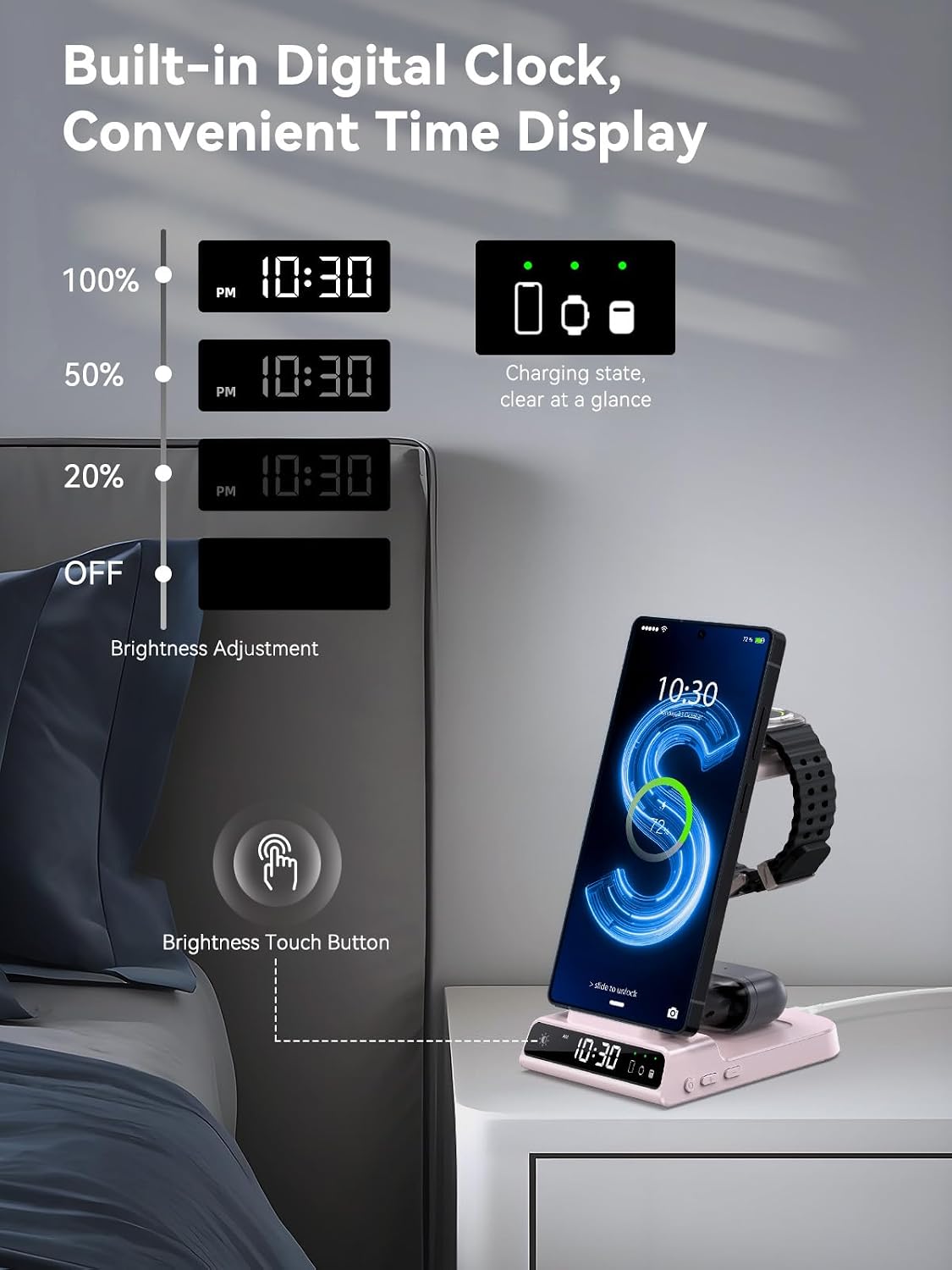 Wireless Charger for Samsung S25 with Clock 3 in 1 Android Charging Station