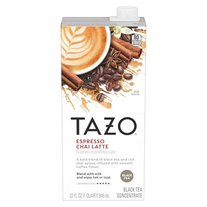 TAZO Espresso Chai Latte, Black Tea Concentrate, Easy to Serve Espresso Chai Tea for Everyday Cafe Style Lattes, Hot or Iced Coffee-like experience, Barista Approved, 32oz Tea Mix Carton