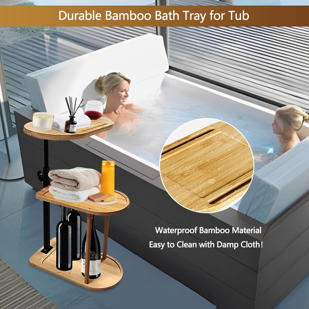 3 Layer Bathtub Tray Table,Bamboo Swivel Bathtub Side Table Height Adjustable,Freestanding Bathtub Tray for Tub Against Wall,Bathtub Accessories&Bathroom Organizer for Luxury Home Spa (Black)
