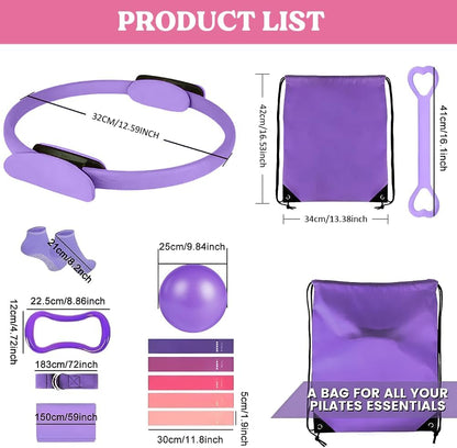 Pilates Ring 13 Piece Set,Pilates Kit for Women Exercise Equipment Accessories Deformation Magic Circle with Padded Handles, Workouts Ball, Guide & Bag, Resistance Bands for Legs Arms and Thighs