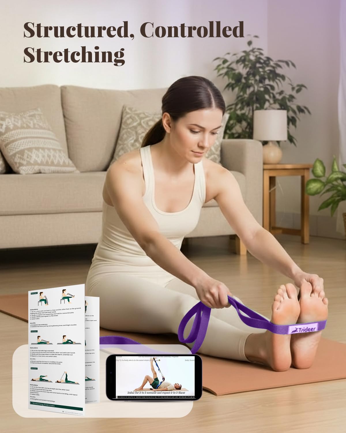Trideer Stretching Strap with Loops & Leg Lifter, Non-Elastic PT-Style Physical Therapy Strap for Knee Replacement Rehab, Hamstring, Calf & Back Stretcher Mobility, Hip, Shoulder & Yoga