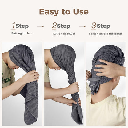 HOMEXCEL 5 Pack Microfiber Hair Towels - 40 x 20 inches Super Soft, Fast Drying Turbans for Long, Thick, Curly Hair - Anti Frizz Wrap with Elastic Strap