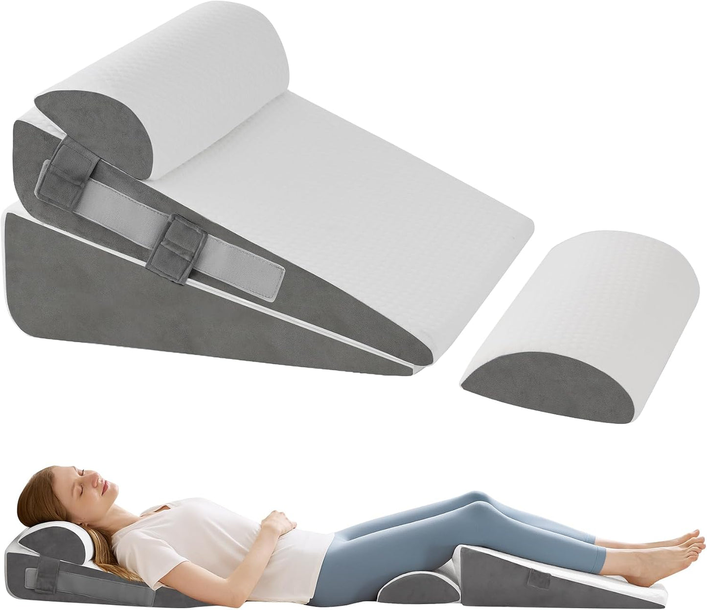 3Pcs Wedge Pillow Set for After Surgery,Acid Reflux Relief, Adjustable Bed Wedge Pillows for Sleeping,Anti Snore, Memory Foam Triangle Pillow for Back&Neck&Shoulder Pain Relief, White&Grey