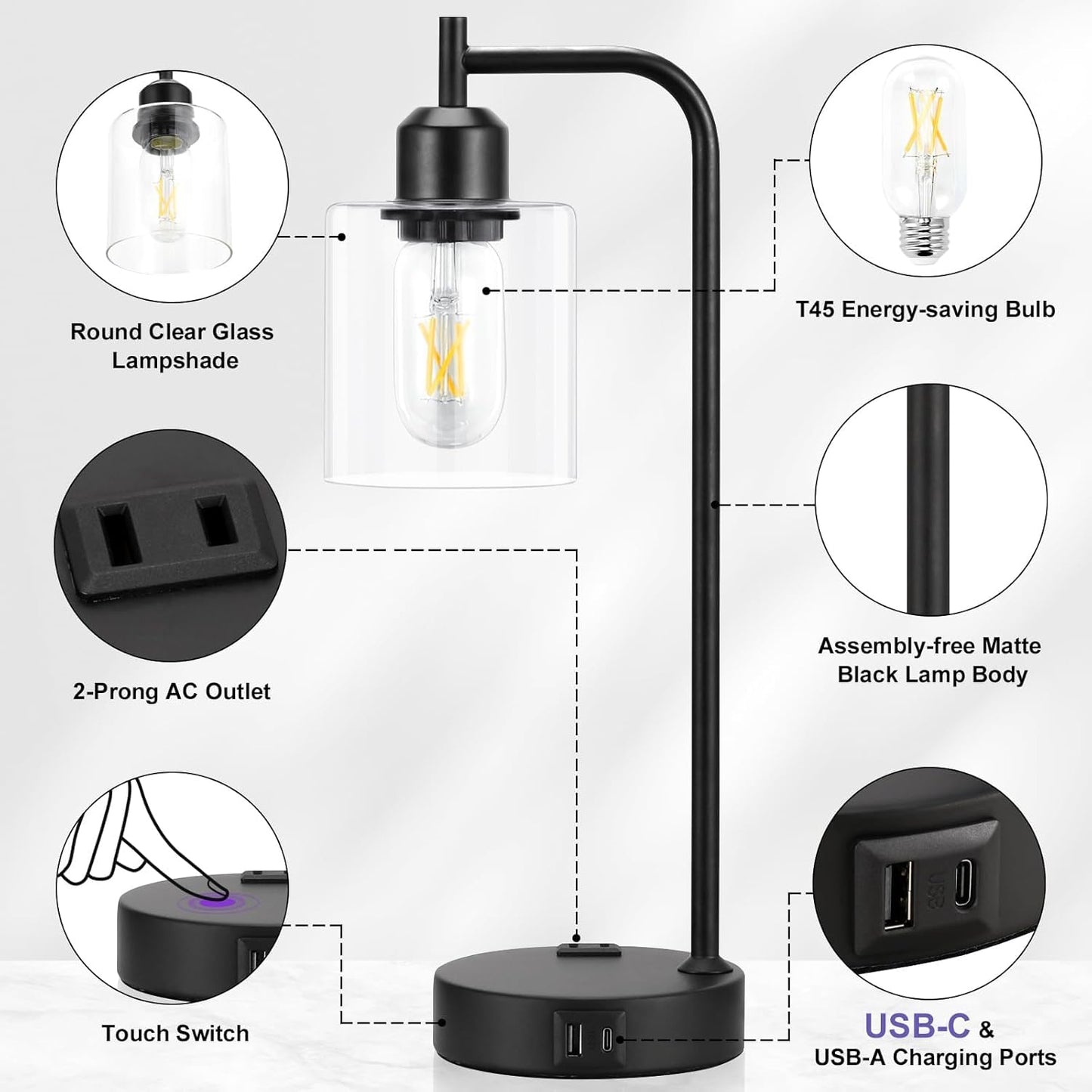 Industrial Touch Lamps for Nightstand Set of 2, 3-Way Dimmable Bedside Lamp