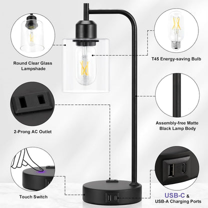 Industrial Touch Lamps for Nightstand Set of 2, 3-Way Dimmable Bedside Lamp