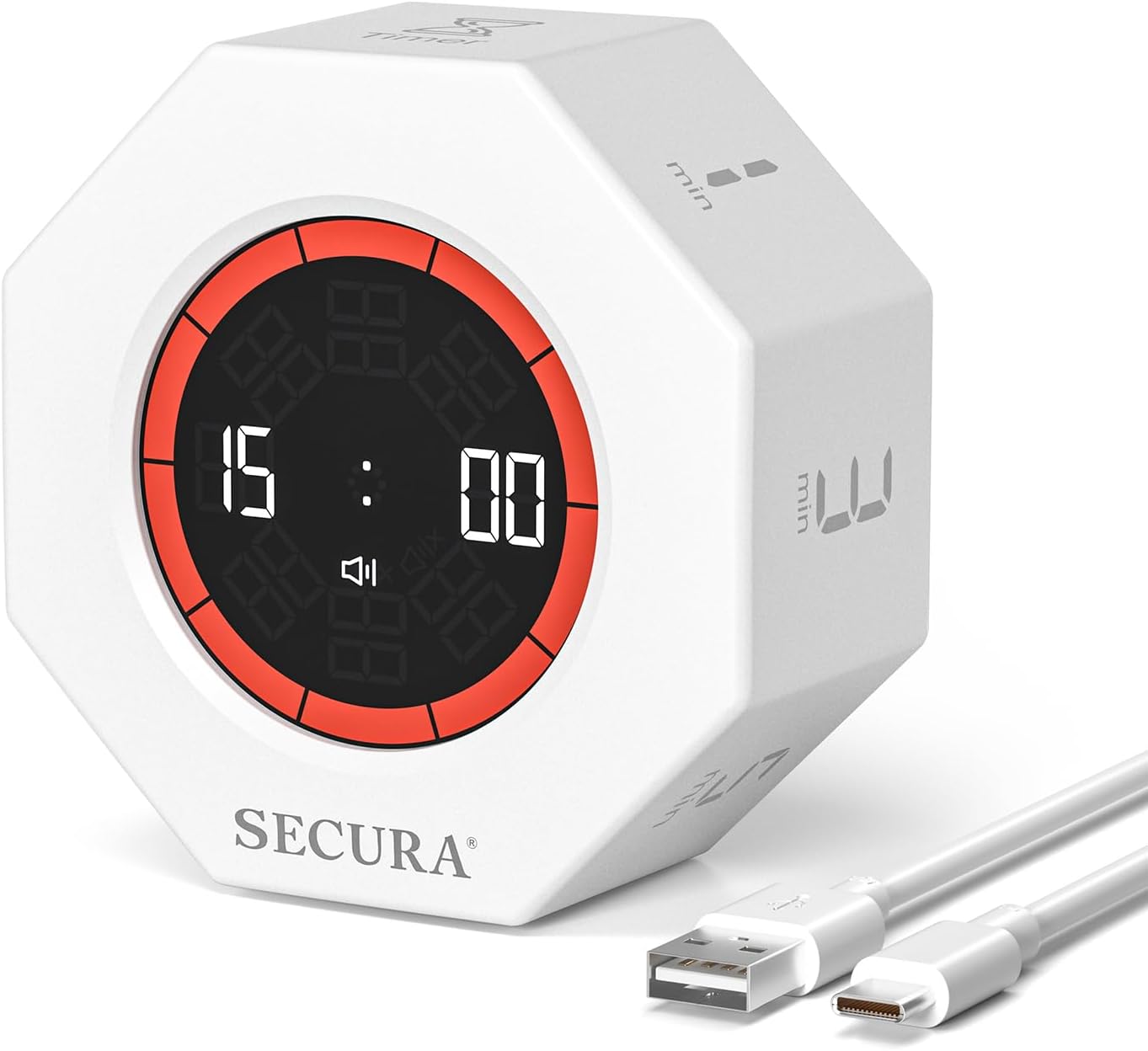 Secura Pomodoro Timer for ADHD & Productivity, Flip Cube Timer with 7 Presets (1/3/5/10/15/30/60 Min), Visual Countdown Progress Bar for Work, Study, Kids & Desk (White)