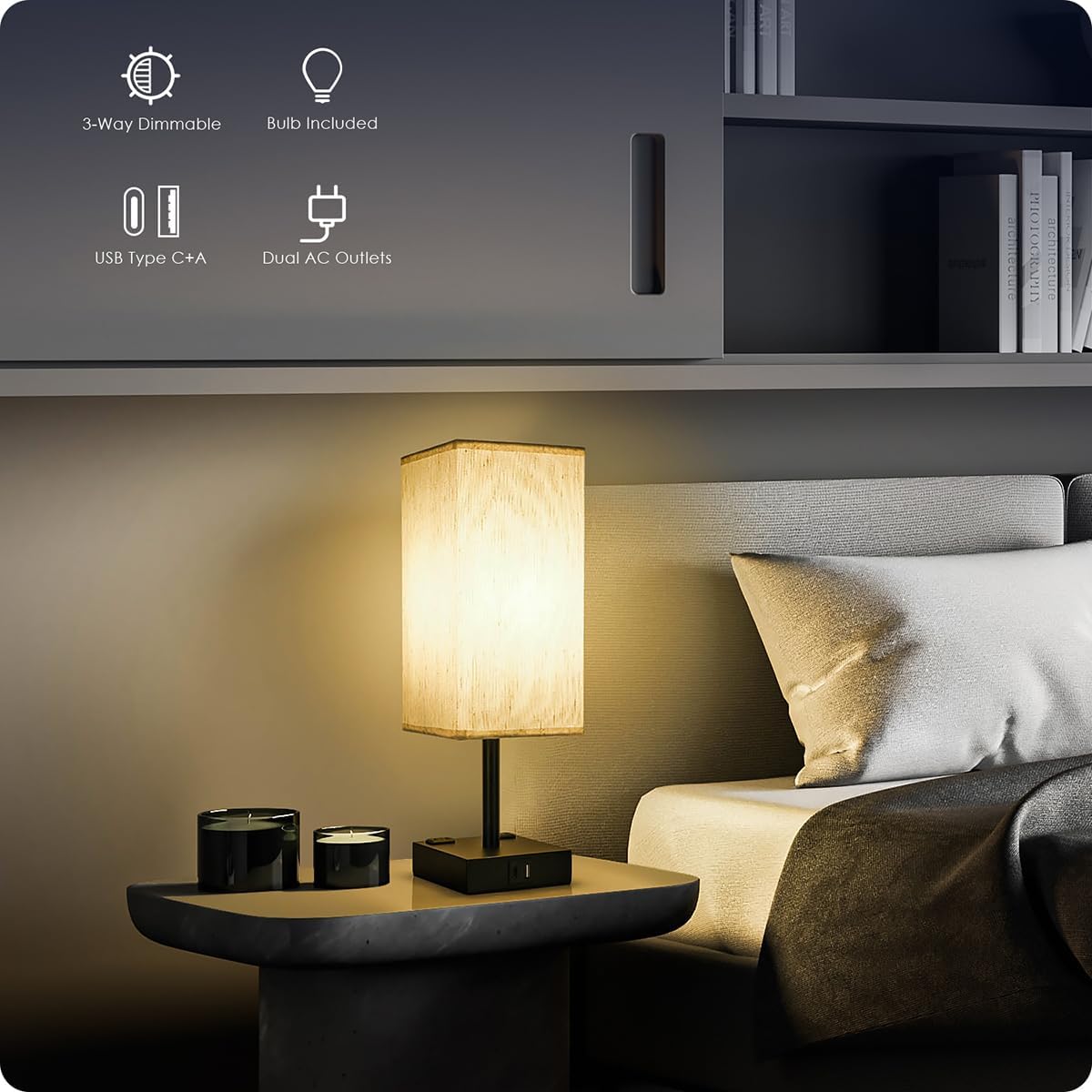 Bedside Table Lamp for Bedroom - Touch Small Lamp with USB C+A Charging Ports & AC Outlets, 3 Way Dimmable Nightstand Light for Living Room (LED Bulb Included, Grey)