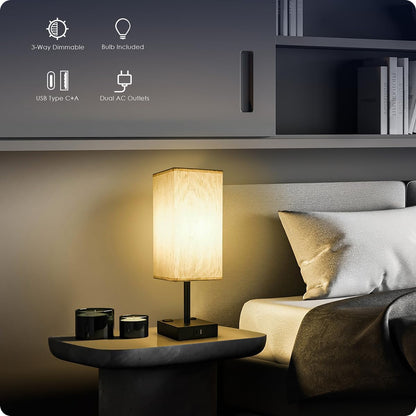 Bedside Table Lamp for Bedroom - Touch Small Lamp with USB C+A Charging Ports & AC Outlets, 3 Way Dimmable Nightstand Light for Living Room (LED Bulb Included, Grey)