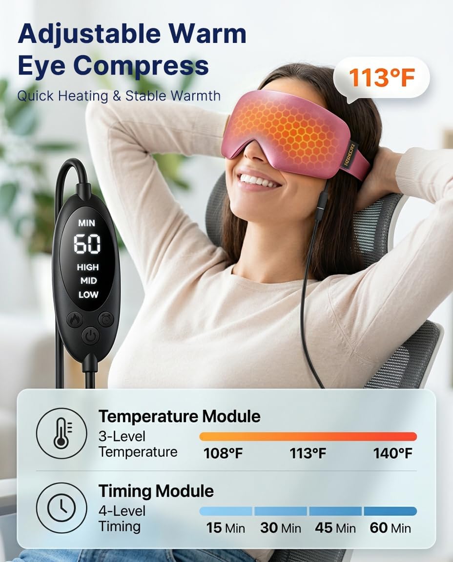 Heated Eye Mask for Dry Eyes, USB Powered Silk Warm Eye Compress & Eye Heating Pad, Washable Dry Eye Mask with 3 Heat & 4 Timer Settings for Blepharitis Stye Migraine Sinus MGD Puffiness（Blue）