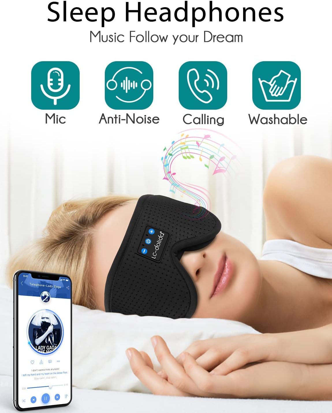 LC-dolida Sleep Headphones, 3D Sleep Mask Bluetooth Wireless Music Eye Mask, Sleeping Headphones for Side Sleepers Sleep Mask with Bluetooth Headphones Ultra-Thin Stereo Speakers Perfect for Sleeping
