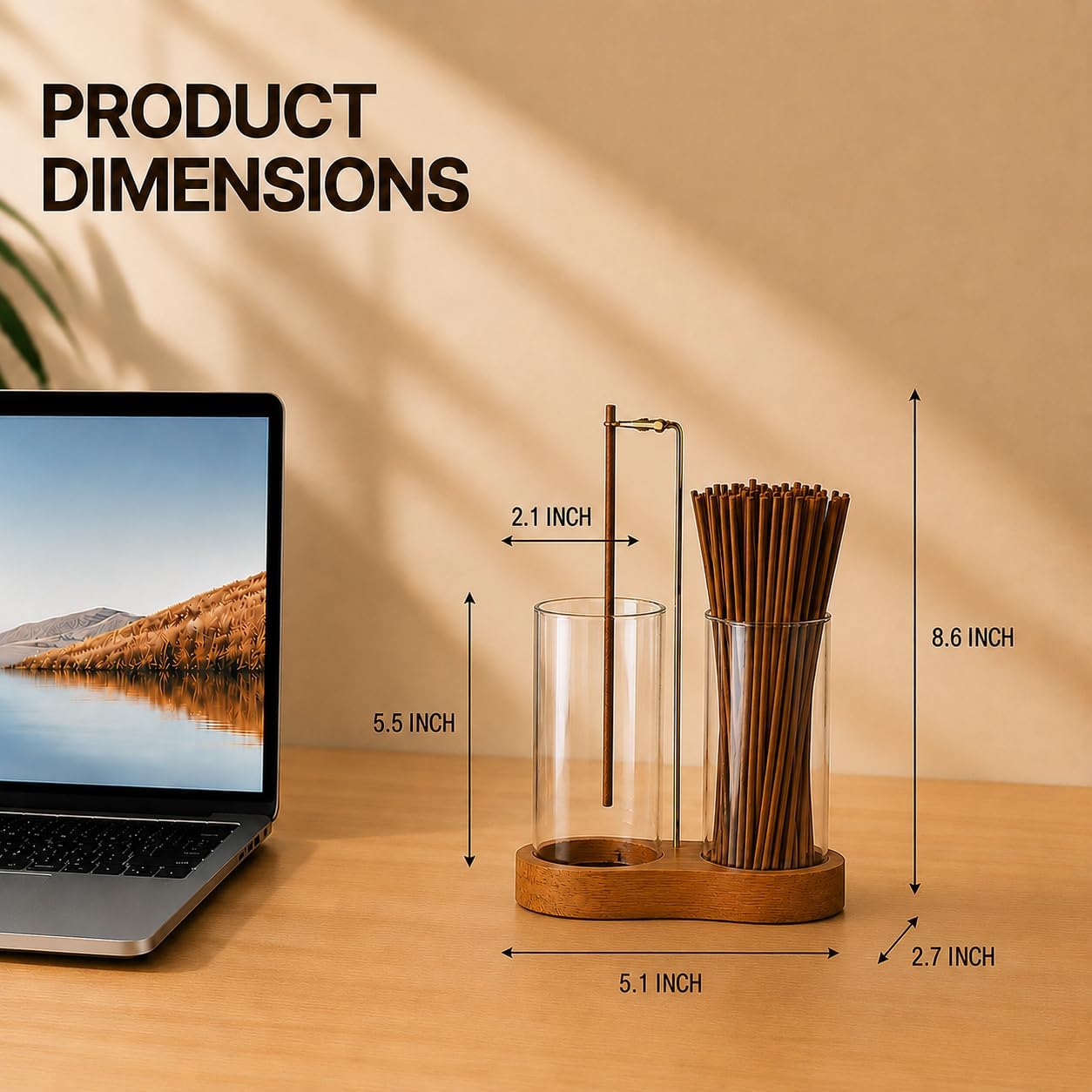 Incense Holder with 2 Tall Glass Bottle,Wooden Base Incense Stick Holder for Desktop,Incense Burner for Ash Collection,Ash Container for Meditation, Yoga, Spa, Home Decor