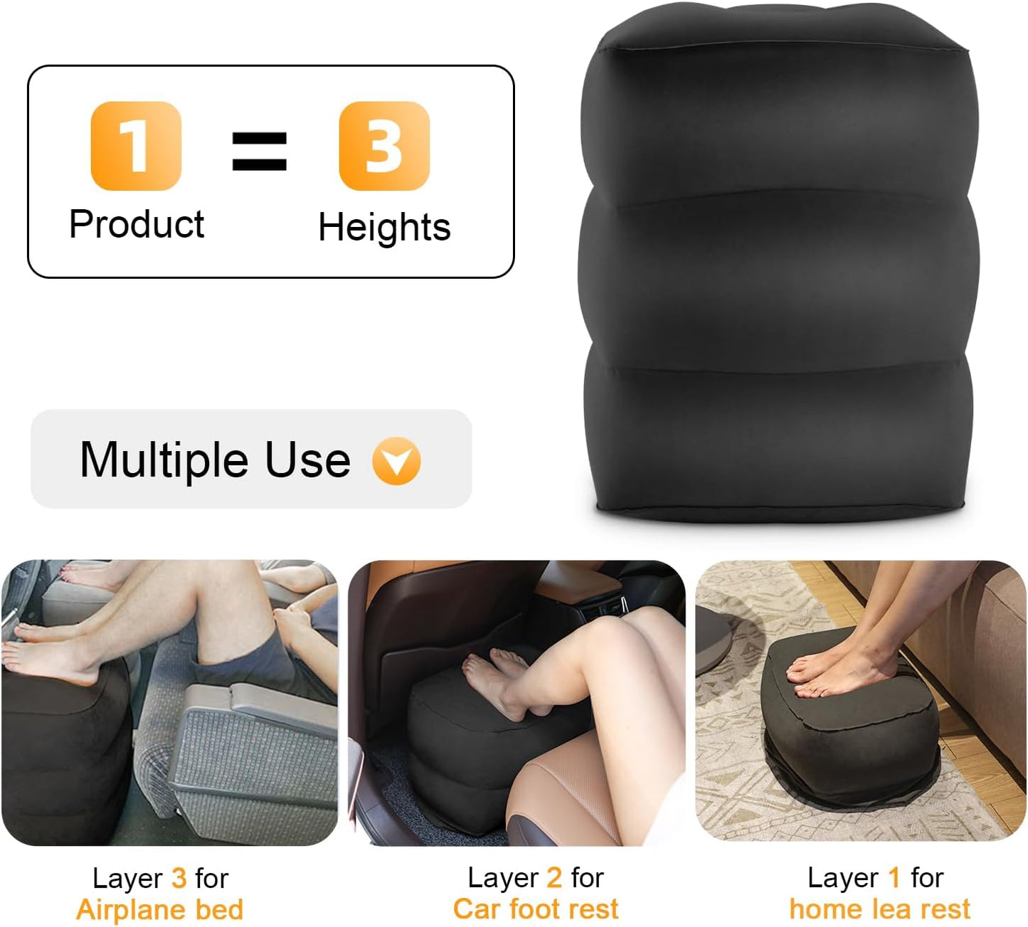 Inflatable Travel Foot Rest Pillow, Kids Airplane Bed, Adjustable Height Leg Pillow for Air Travel, Make a Flat Bed for Kids and Toddlers, Great for Airplane, Train, car（Grey, 1 Pack）