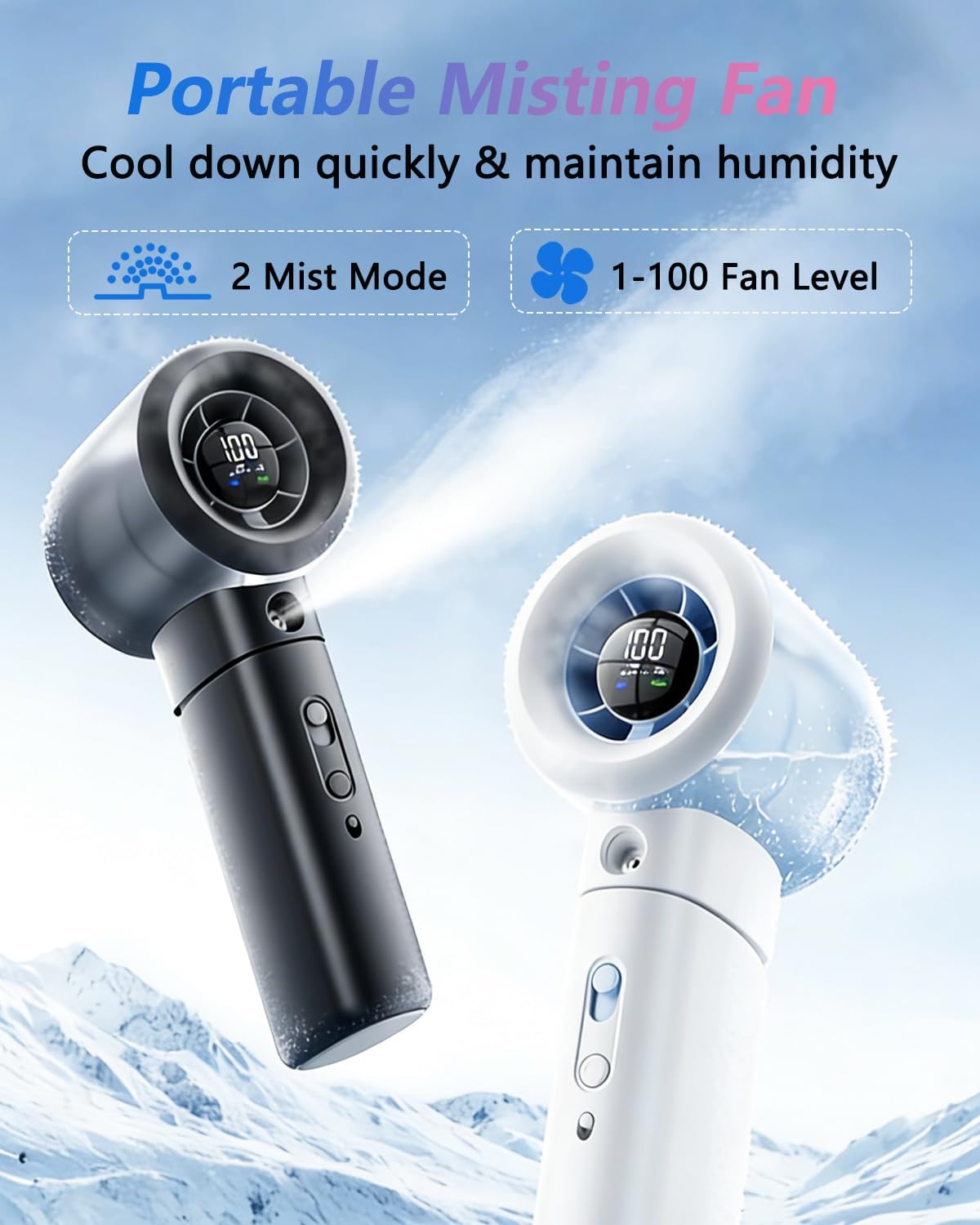 Portable Misting Fan Handheld, Turbo Mist Hand Fan USB Rechargeable with Digital Display, Powerful Spray Personal Fan for Travel, Outdoor, Beach Vacation, White