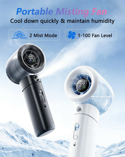 Portable Misting Fan Handheld, Turbo Mist Hand Fan USB Rechargeable with Digital Display, Powerful Spray Personal Fan for Travel, Outdoor, Beach Vacation, White