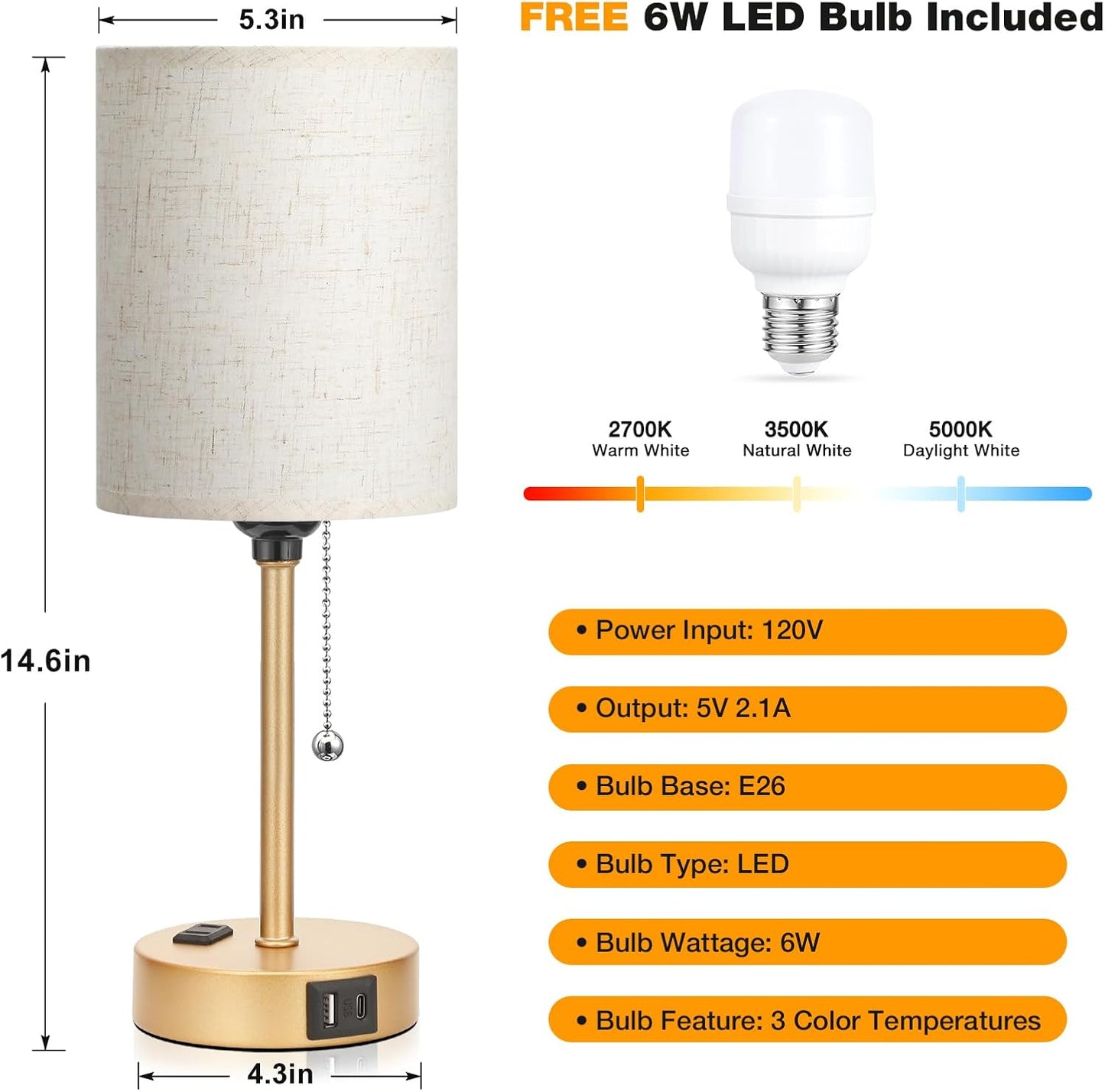 Small Bedside Table lamp for Bedroom - 3 Color Temperatures Bedside Lamps with USB C and A Ports, Pull Chain Table Lamps with AC Outlet, White Nightstand Lamps with Black Metal Base for Kids Reading