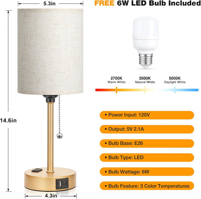 Small Bedside Table lamp for Bedroom - 3 Color Temperatures Bedside Lamps with USB C and A Ports, Pull Chain Table Lamps with AC Outlet, White Nightstand Lamps with Black Metal Base for Kids Reading