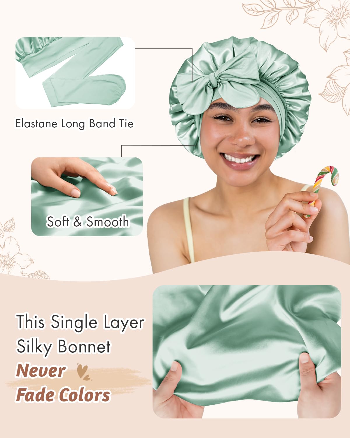 BONNET QUEEN Silk Bonnet for Sleeping for Women Satin Bonnet Night Cap for Curly Hair with Tie Band, Single Layer, Cream Pink