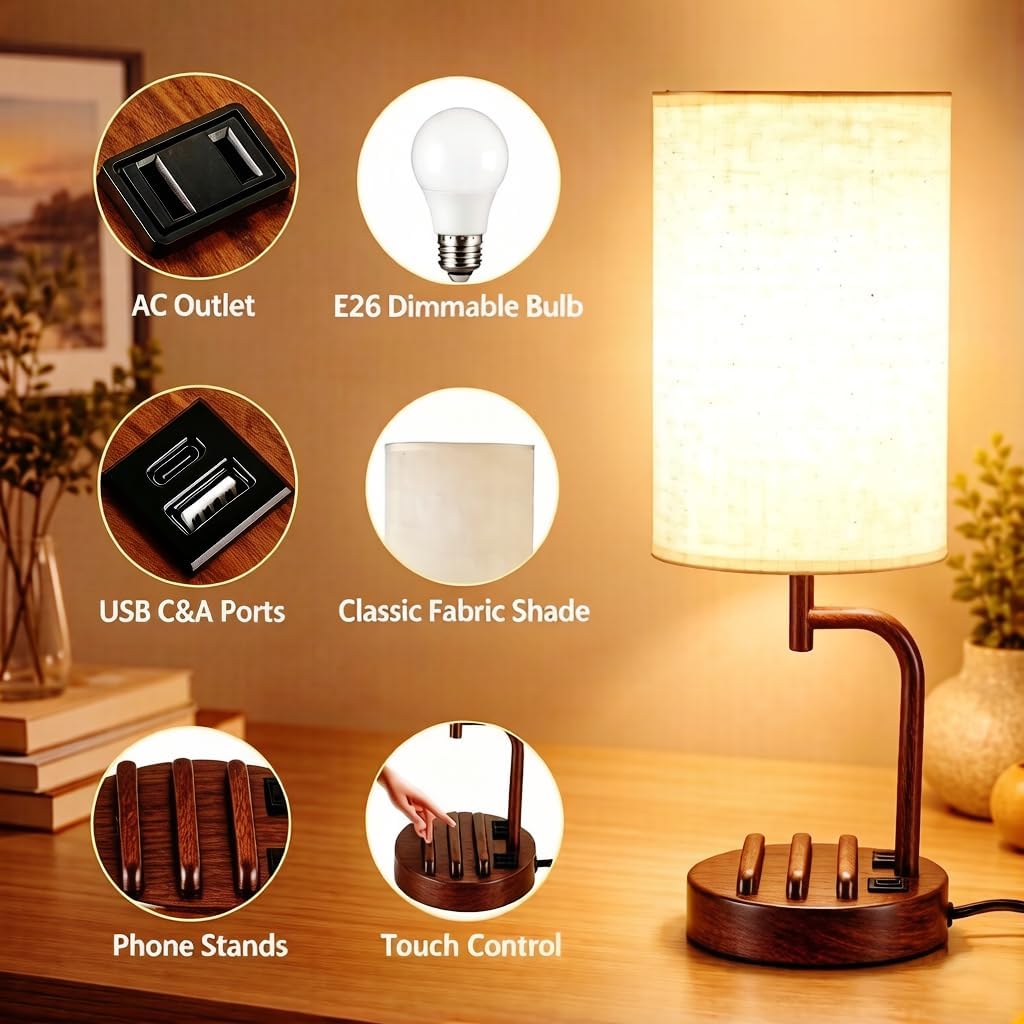 Dreamholder Touch Control USB Table Lamp with USB C/A & AC Outlet, 3-Way Dimmable Bedside Lamp, Modern Nightstand Lamps for Bedroom Living Room Guest Room Office, Bulb Included, Gold