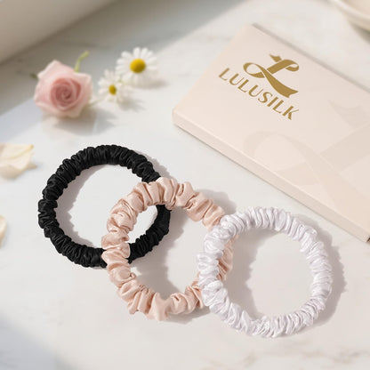 LULUSILK Small Silk Hair Ties No Damage, 100% Real Mulberry Silk, Skinny Scrunchies Ponytail Holders for Thin Fine Hair, Brown, Pack of 3