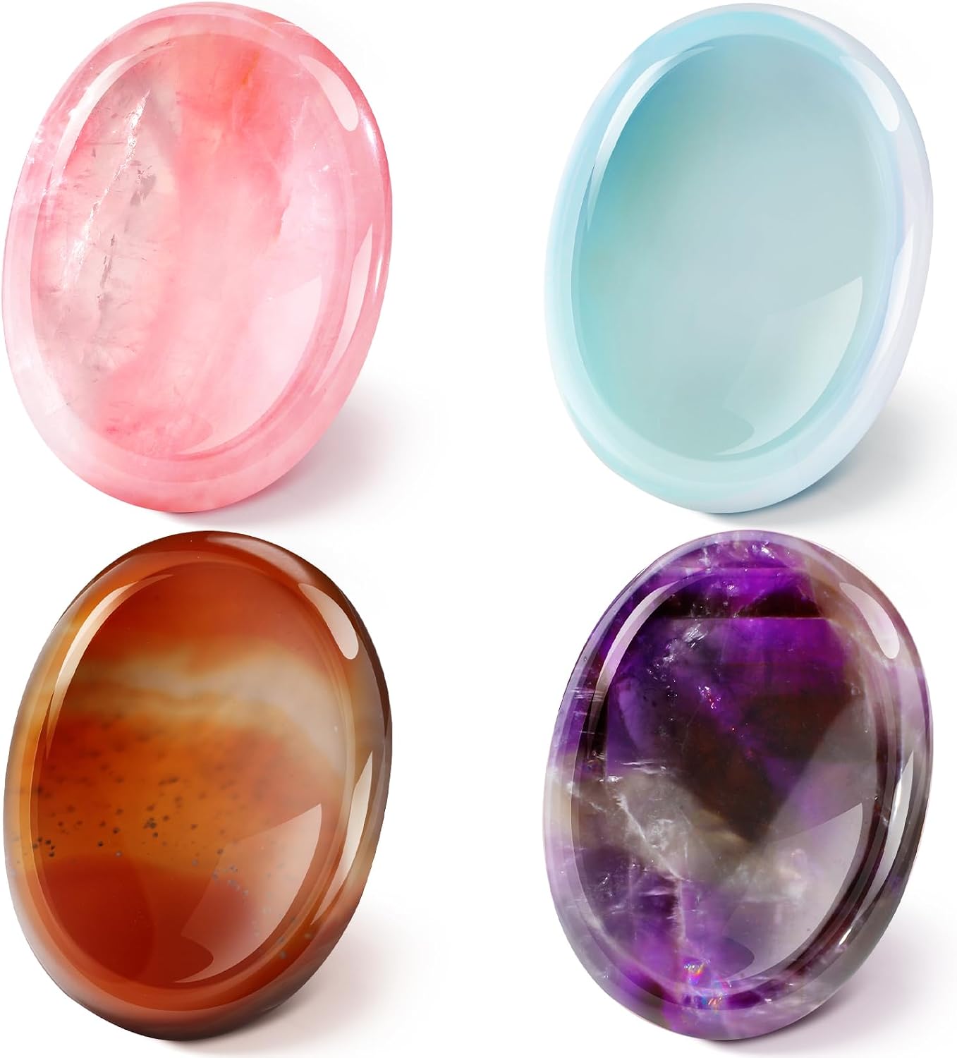Roowest 4 Pcs Thumb Worry Stone for Anxiety Natural Crystal Healing Stone Chakras Amethyst Tiger Eye Quartz Pocket Hug Gift for Office Stress Meditation(Chromashift,Oval)