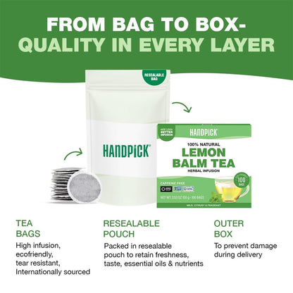 HANDPICK Lemon Balm Tea Bags – 100 Count | 100% Pure & Naturally Dried | Caffeine-Free Herbal Tea with Citrus Flavor & Aroma | Premium Lemon Balm Leaf