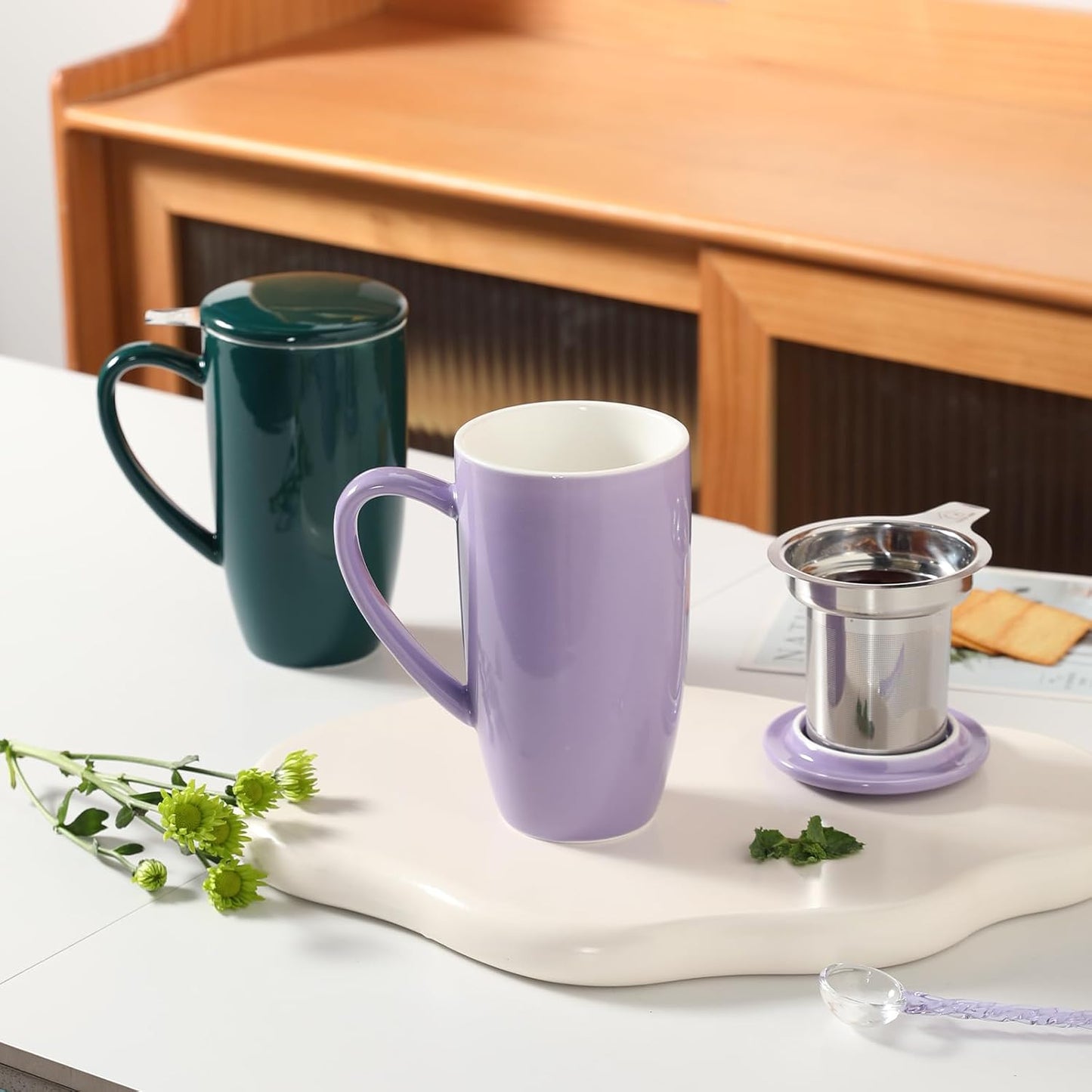 Sweejar Porcelain Tea Infuser Mug with Lid, 16 oz Teacup with Strainers for Loose Leaf Tea, Microwave and Dishwasher Safe Coffee Mug(Purple)