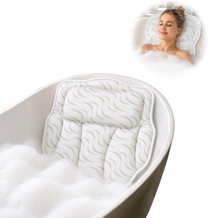 Wavy 4D Air Mesh Bath Pillow for Tub Neck and Back Support | Includes 6 anti-slip suction cups and a built-in hook for quick drying. Excellent ergonomic spa accessories gift for adults.