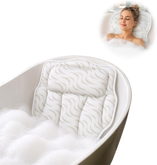 Wavy 4D Air Mesh Bath Pillow for Tub Neck and Back Support | Includes 6 anti-slip suction cups and a built-in hook for quick drying. Excellent ergonomic spa accessories gift for adults.