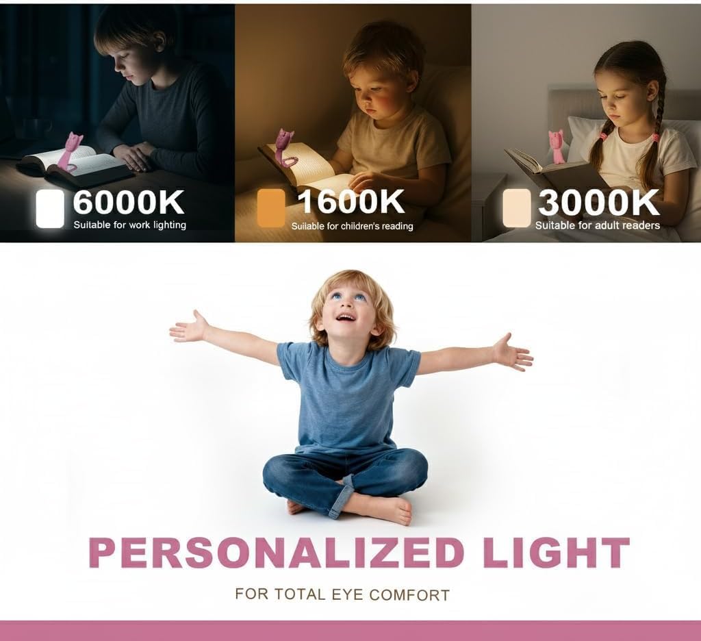 Rechargeable Kids Book Light, Cute Bookmark Reading Light for Kids, Dimmable Portable LED Book Light for Reading in Bed, Eye-Caring Bedtime Reading Lamp for Children & Travel, Black