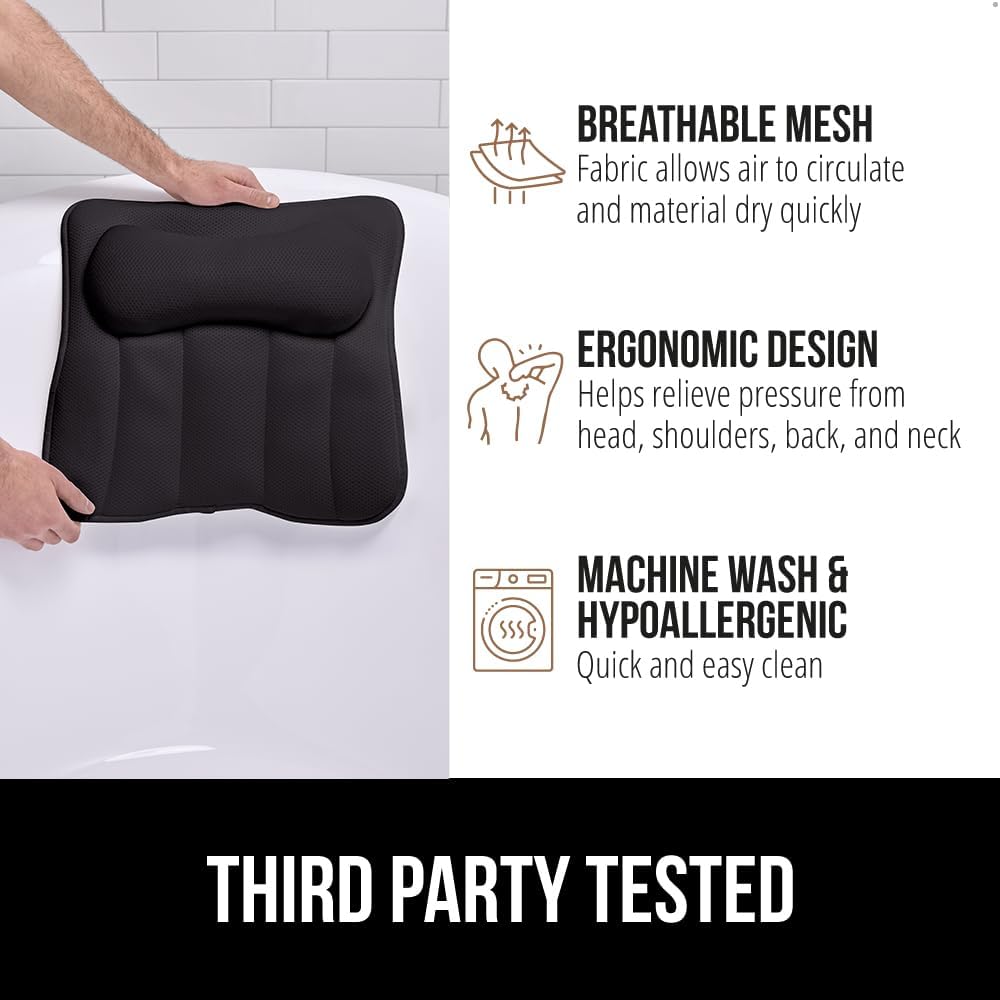 GORILLA GRIP Bath Pillow for Tub, 6 Strong Suction Cups, 4D Mesh FlexComfort Headrest for Neck, Head and Back Support, Luxury Machine Washable Pillows, Bathtub Accessories, Spa Gifts for Women, White