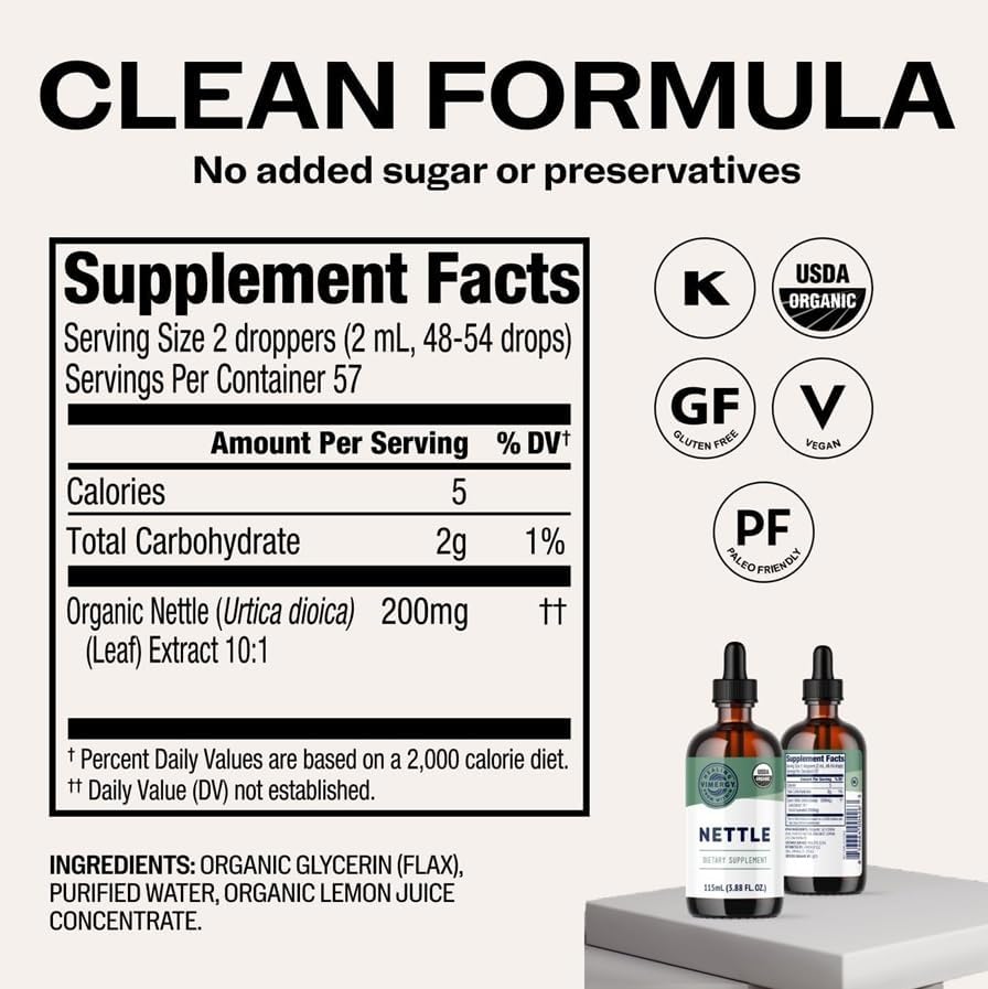 Vimergy Nettle Liquid 200mg Extract, Organic, Kosher, 115 mL, 57 Servings